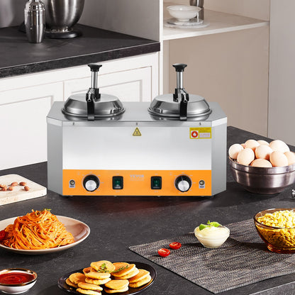 Electric Cheese Dispenser with Pumps, 2.4x2 L Commercial Hot Fudge Warmer, Stainless Steel Heated Double Pumps Dispenser, 86-230℉ Temp Adjustable Nacho Cheese Warmer for Fudge Cheese Caramel