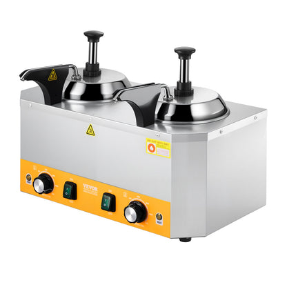 Electric Cheese Dispenser with Pumps, 2.4x2 L Commercial Hot Fudge Warmer, Stainless Steel Heated Double Pumps Dispenser, 86-230℉ Temp Adjustable Nacho Cheese Warmer for Fudge Cheese Caramel