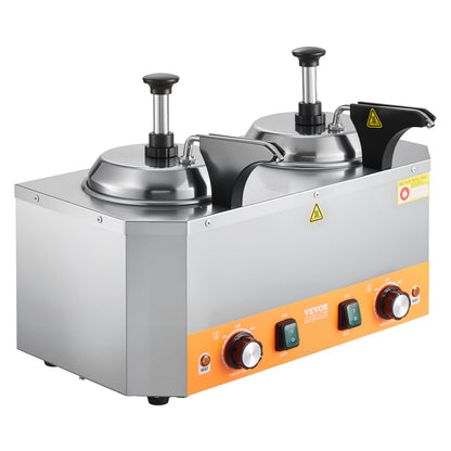 Electric Cheese Dispenser with Pumps, 2.4x2 L Commercial Hot Fudge Warmer, Stainless Steel Heated Double Pumps Dispenser, 86-230℉ Temp Adjustable Nacho Cheese Warmer for Fudge Cheese Caramel