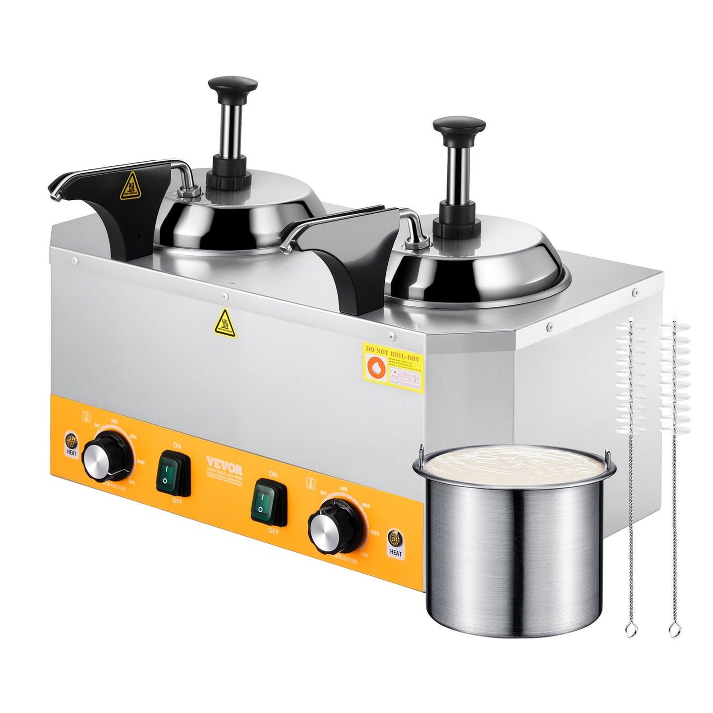 Electric Cheese Dispenser with Pumps, 2.4x2 L Commercial Hot Fudge Warmer, Stainless Steel Heated Double Pumps Dispenser, 86-230℉ Temp Adjustable Nacho Cheese Warmer for Fudge Cheese Caramel