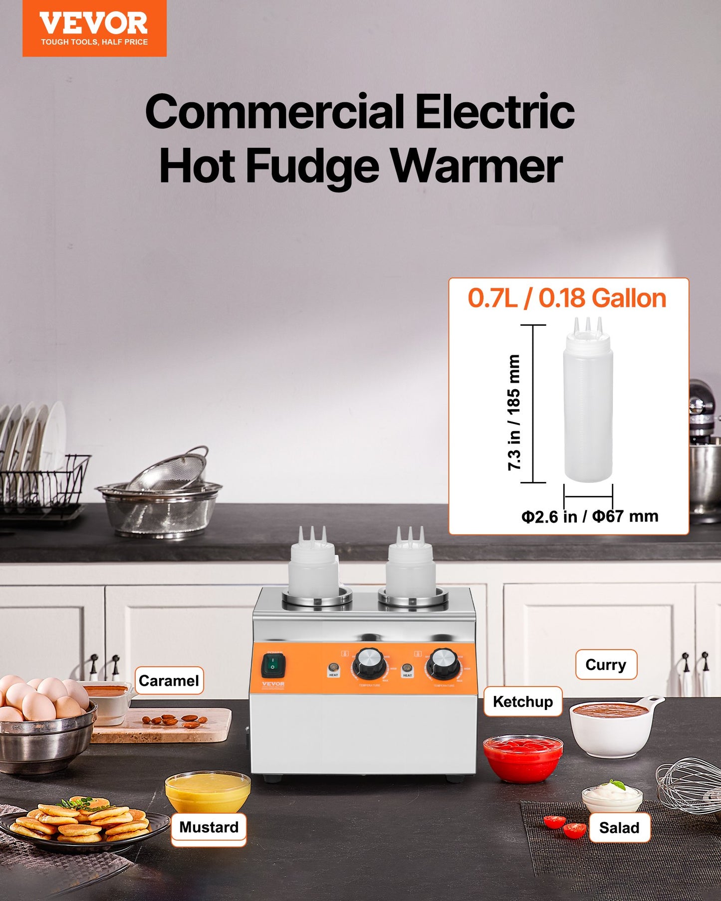 Electric Bottle Warmer with Bottles, 0.8x2 LCommercial Cheese Dispenser, Hot Fudge Warmer 86-185℉ Temp Adjustable, Plastic Double Bottles Nacho Cheese Warmer, for Hot Fudge Cheese Caramel