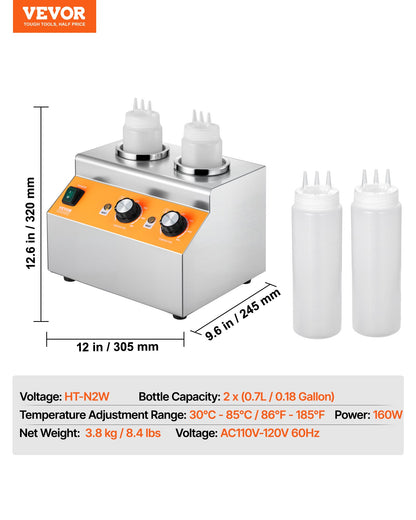 Electric Bottle Warmer with Bottles, 0.8x2 LCommercial Cheese Dispenser, Hot Fudge Warmer 86-185℉ Temp Adjustable, Plastic Double Bottles Nacho Cheese Warmer, for Hot Fudge Cheese Caramel