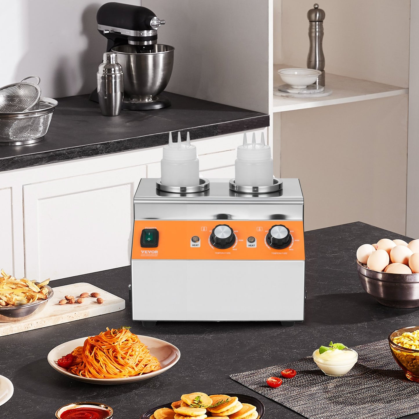 Electric Bottle Warmer with Bottles, 0.8x2 LCommercial Cheese Dispenser, Hot Fudge Warmer 86-185℉ Temp Adjustable, Plastic Double Bottles Nacho Cheese Warmer, for Hot Fudge Cheese Caramel