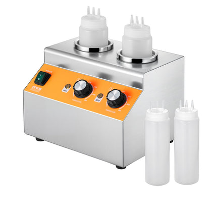 Electric Bottle Warmer with Bottles, 0.8x2 LCommercial Cheese Dispenser, Hot Fudge Warmer 86-185℉ Temp Adjustable, Plastic Double Bottles Nacho Cheese Warmer, for Hot Fudge Cheese Caramel