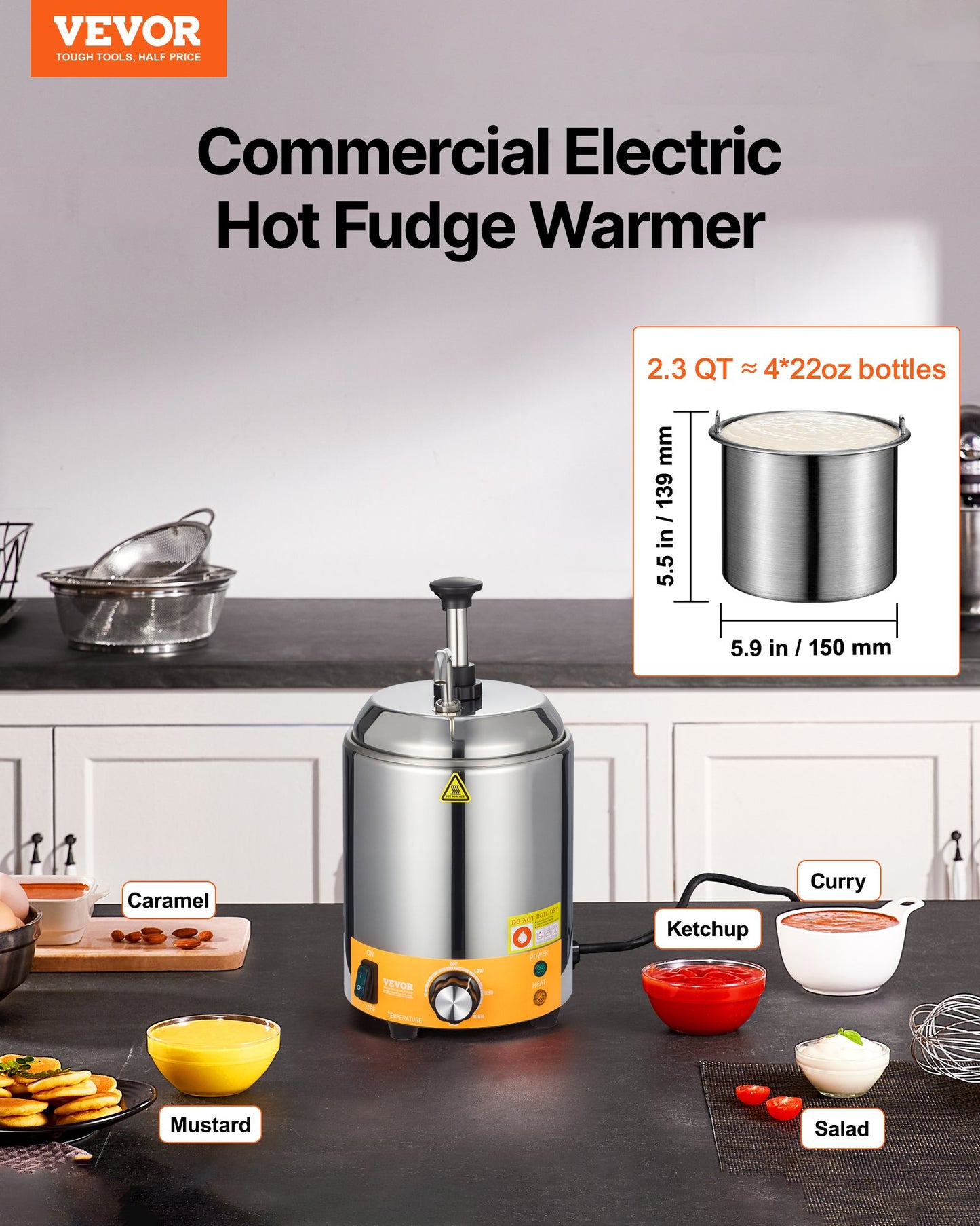 Electric Cheese Dispenser with Pump, 2.4L Commercial Hot Fudge Warmer, Stainless Steel Pump Dispenser, 86-230℉ Temp Adjustable Nacho Cheese Sauce Warmer, for Hot Fudge Cheese Caramel