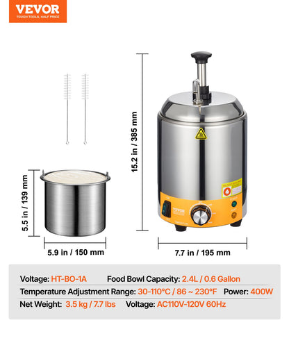 Electric Cheese Dispenser with Pump, 2.4L Commercial Hot Fudge Warmer, Stainless Steel Pump Dispenser, 86-230℉ Temp Adjustable Nacho Cheese Sauce Warmer, for Hot Fudge Cheese Caramel