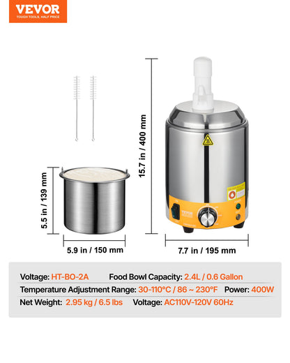 Electric Cheese Dispenser with Pump, 2.4L Commercial Hot Fudge Warmer, Plastic Pump Dispenser, 86-230℉ Temp Adjustable Nacho Cheese Sauce Warmer, for Hot Fudge Cheese Caramel