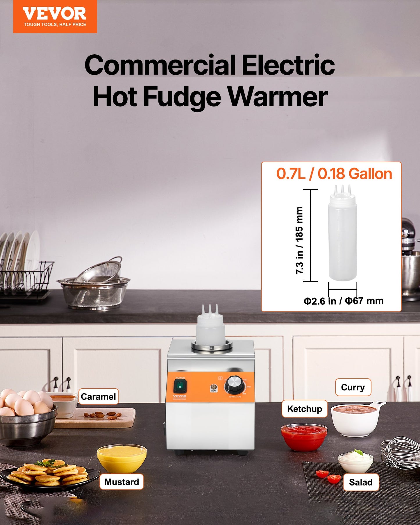 Electric Bottle Warmer with Bottle, 0.8L Commercial Cheese Dispenser, Hot Fudge Warmer 86-185℉ Temp Adjustable, Plastic Bottle Nacho Cheese Sauce Warmer for Hot Fudge Cheese Caramel, Square