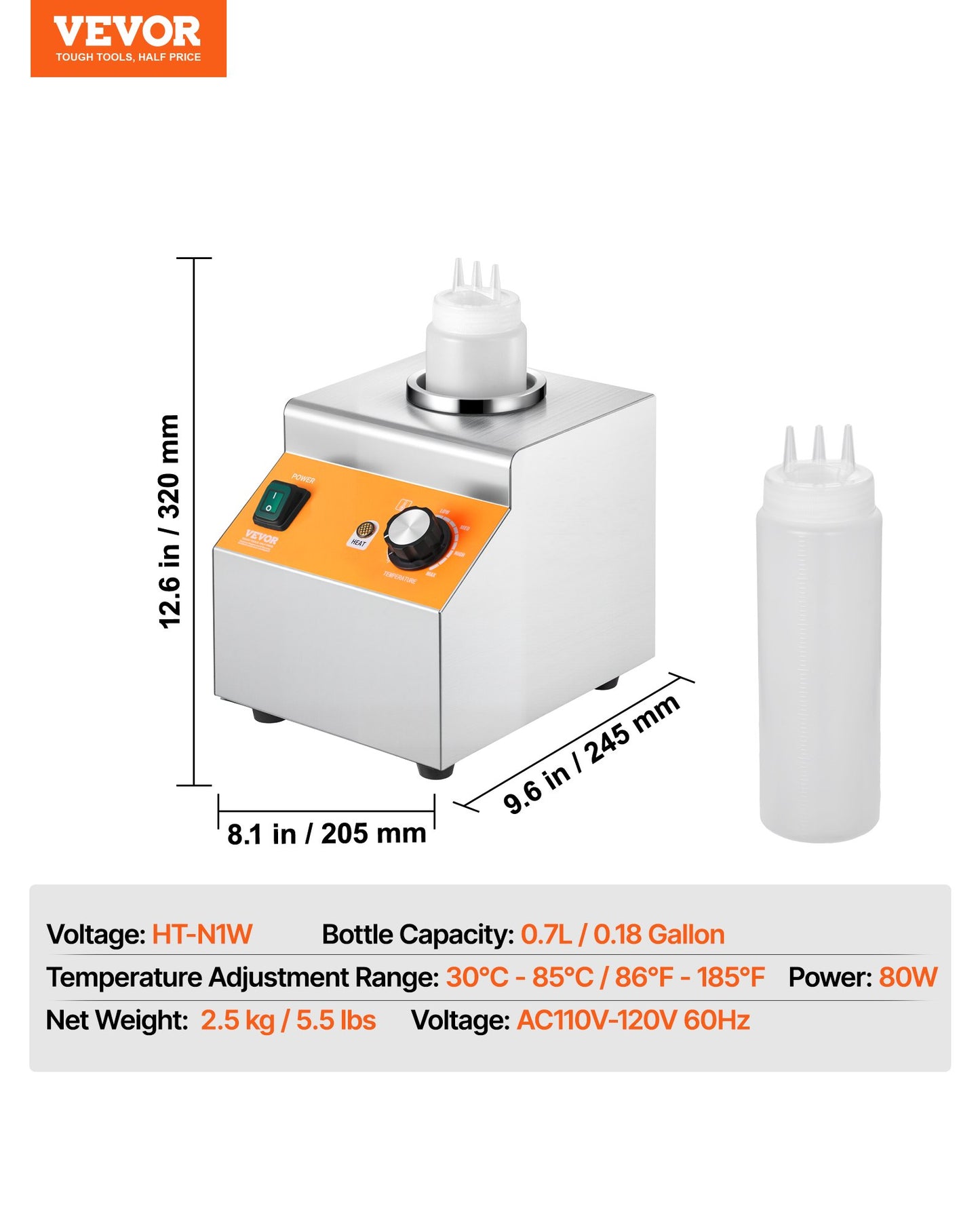 Electric Bottle Warmer with Bottle, 0.8L Commercial Cheese Dispenser, Hot Fudge Warmer 86-185℉ Temp Adjustable, Plastic Bottle Nacho Cheese Sauce Warmer for Hot Fudge Cheese Caramel, Square