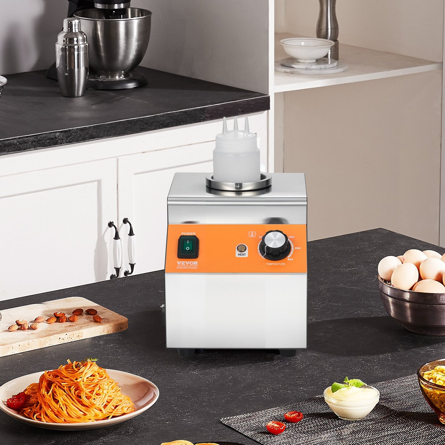 Electric Bottle Warmer with Bottle, 0.8L Commercial Cheese Dispenser, Hot Fudge Warmer 86-185℉ Temp Adjustable, Plastic Bottle Nacho Cheese Sauce Warmer for Hot Fudge Cheese Caramel, Square