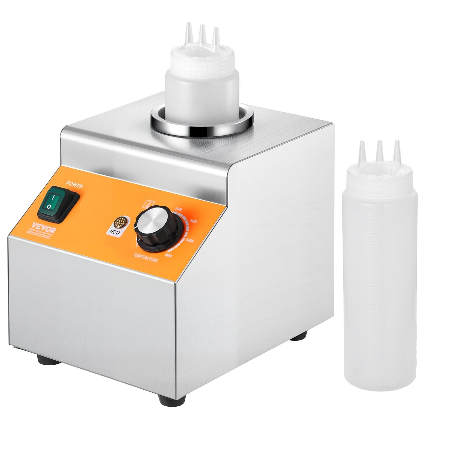 Electric Bottle Warmer with Bottle, 0.8L Commercial Cheese Dispenser, Hot Fudge Warmer 86-185℉ Temp Adjustable, Plastic Bottle Nacho Cheese Sauce Warmer for Hot Fudge Cheese Caramel, Square