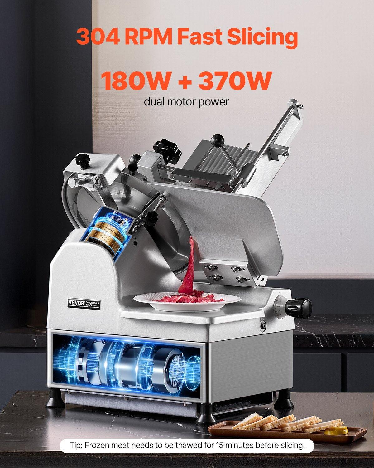 Automatic Meat Slicer, 180W + 370W Deli Slicer with a 12 inch Premium 65Mn Blade, 0-0.3 inch Adjustable Thickness, Electric Food Slicer Machine for Meat, Vegetables, Hard Bread, and Cheese