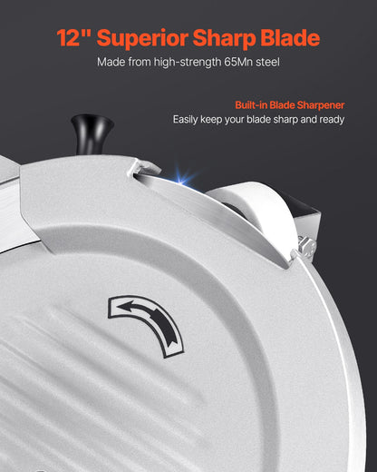 Automatic Meat Slicer, 180W + 370W Deli Slicer with a 12 inch Premium 65Mn Blade, 0-0.3 inch Adjustable Thickness, Electric Food Slicer Machine for Meat, Vegetables, Hard Bread, and Cheese