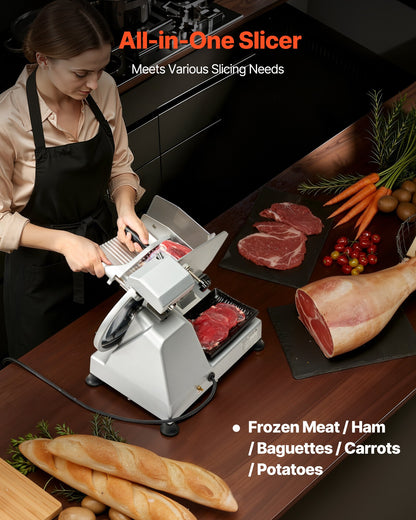 Commercial Meat Slicer, 10 inch Electric Deli Slicer Machine, 320W Food-Slicer with SUS420 Blade, 0-0.4 inch Adjustable Thickness, for Frozen Meat, Ham, Baguett, Steak