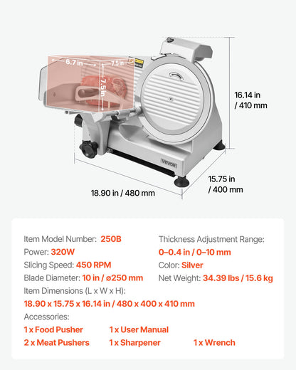 Commercial Meat Slicer, 10 inch Electric Deli Slicer Machine, 320W Food-Slicer with SUS420 Blade, 0-0.4 inch Adjustable Thickness, for Frozen Meat, Ham, Baguett, Steak