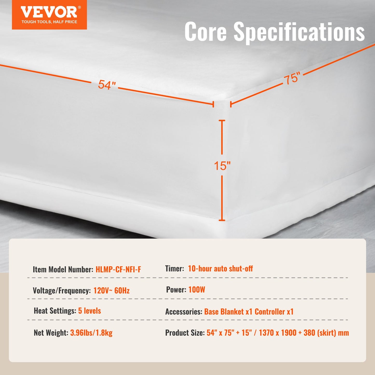 Heated Mattress Pad 54x75 in Full Electric Warmer Coral Fleece Auto Off