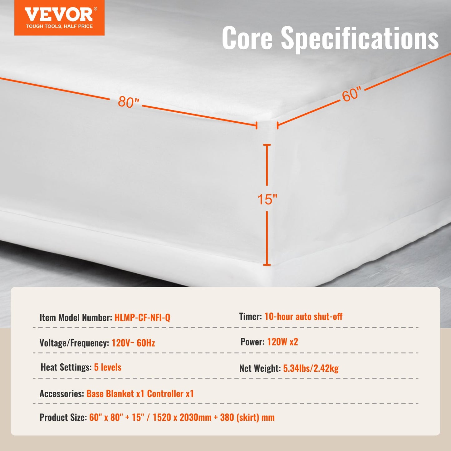 Heated Mattress Pad, 60 x 80 in, Queen Electric Bed Warmer with 1-5 Heat Settings Control, 10-Hour Auto Shut Off, Machine-Wash Breathable Coral Fleece Heating Electric Mattress Sheets, White