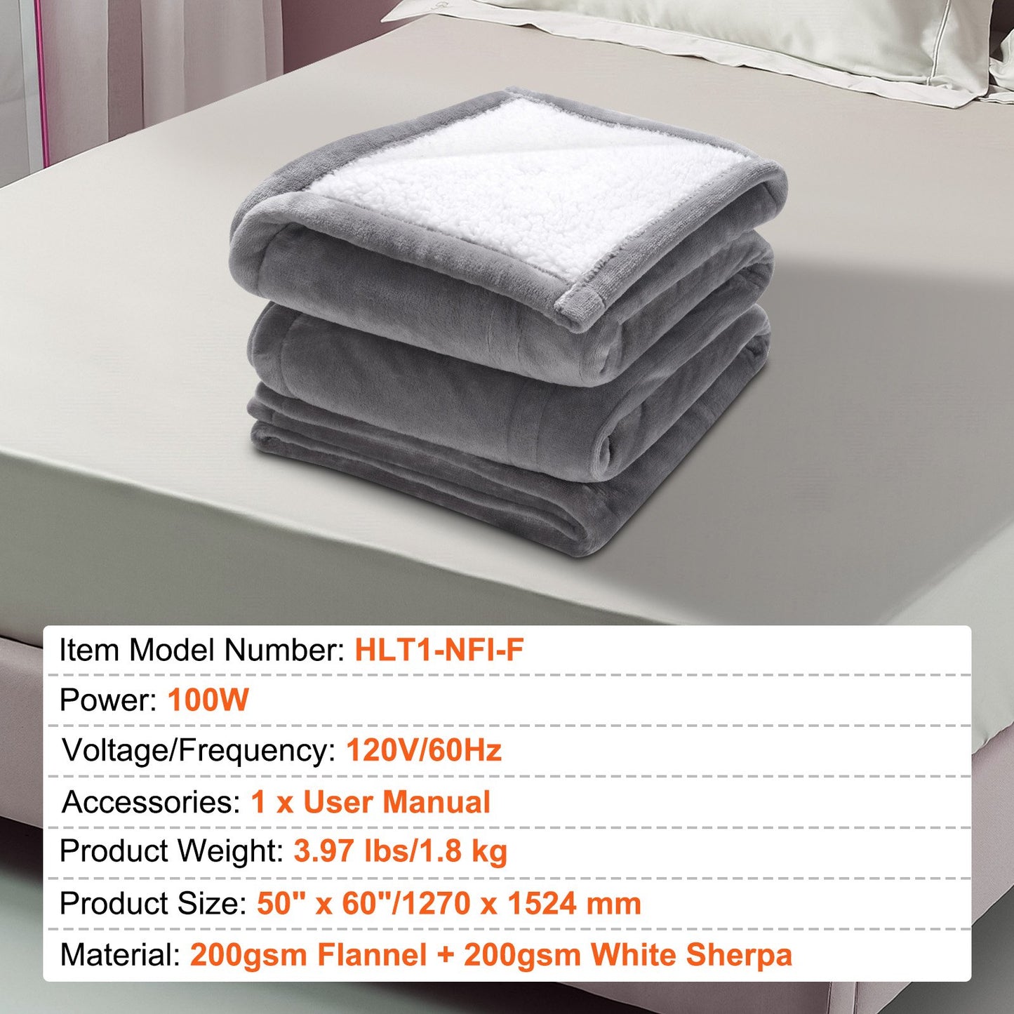 Heated Blanket Electric Throw, 50" x 60" Twin Size, Soft Flannel & Sherpa Heating Blanket with 3 Hours Timer Auto-off, 5 Heating Levels for Sofa, Machine Washable, ETL & FCC Certification (Grey)