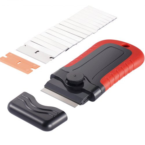 Razor Blade Scraper, 15 Extra Blades, Locking Scraper Tool with Security Cap, Carbon Steel and POM Blades, for Cleaning Labels, Stickers, Decals, Paint from Glass Window Stovetop Cooktop Oven