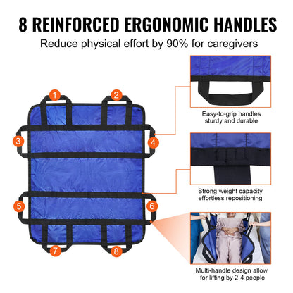 Positioning Bed Pad with 8 Reinforced Handles, 48" x 40" Lifting, Turning, Repositioning, Patient Transfer Sheet Washable for Elderly, Patient, Bedridden, 400LBS Capacity