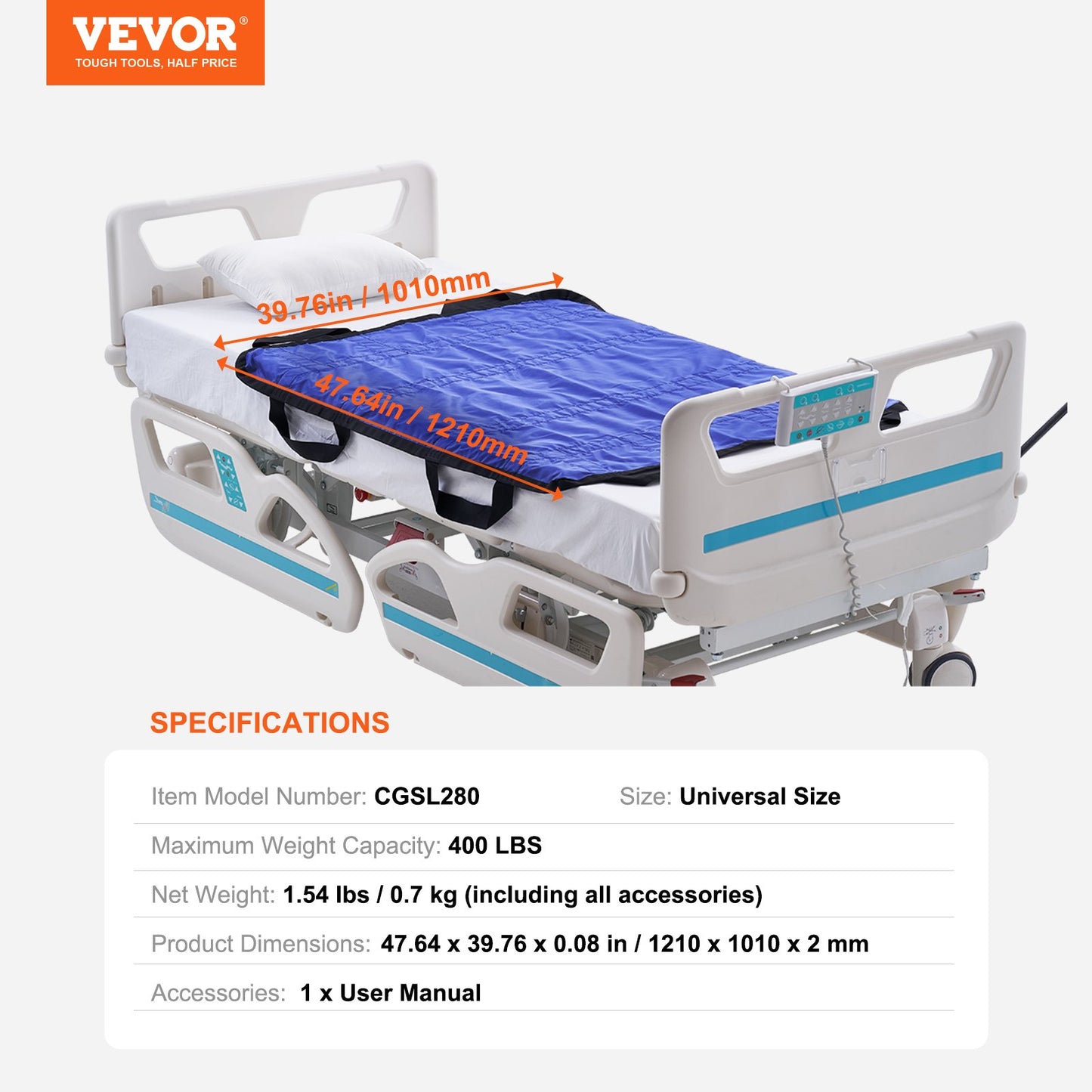 Positioning Bed Pad with 8 Reinforced Handles, 48" x 40" Lifting, Turning, Repositioning, Patient Transfer Sheet Washable for Elderly, Patient, Bedridden, 400LBS Capacity