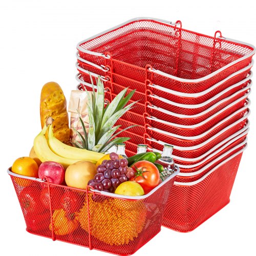 Shopping Baskets, 12 PCS, 22L Stackable Metal Grocery Baskets with Handles, Dense Mesh Structure, Holds up to 44 lbs, Portable for Grocery, Retail, Stores, Supermarket, Bookstore, Home Use, Red