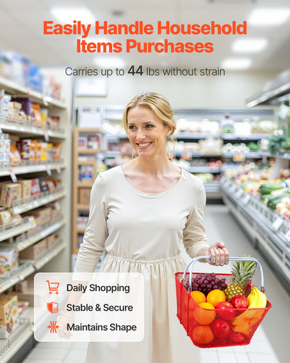 Shopping Baskets, 12 PCS, 22L Stackable Metal Grocery Baskets with Handles, Dense Mesh Structure, Holds up to 44 lbs, Portable for Grocery, Retail, Stores, Supermarket, Bookstore, Home Use, Red