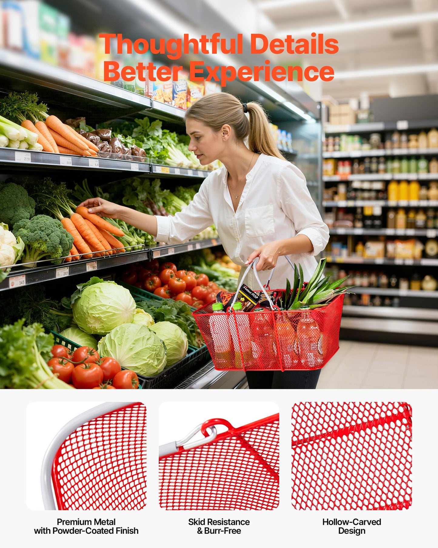 Shopping Baskets, 12 PCS, 22L Stackable Metal Grocery Baskets with Handles, Dense Mesh Structure, Holds up to 44 lbs, Portable for Grocery, Retail, Stores, Supermarket, Bookstore, Home Use, Red