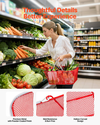 Shopping Baskets, 12 PCS, 22L Stackable Metal Grocery Baskets with Handles, Dense Mesh Structure, Holds up to 44 lbs, Portable for Grocery, Retail, Stores, Supermarket, Bookstore, Home Use, Red
