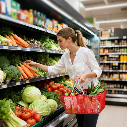 Shopping Baskets, 12 PCS, 22L Stackable Metal Grocery Baskets with Handles, Dense Mesh Structure, Holds up to 44 lbs, Portable for Grocery, Retail, Stores, Supermarket, Bookstore, Home Use, Red