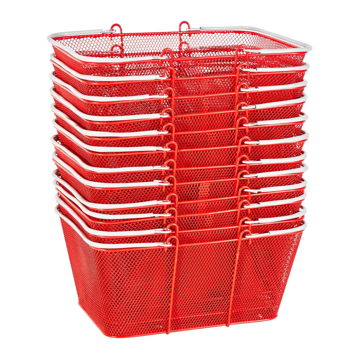 Shopping Baskets, 12 PCS, 22L Stackable Metal Grocery Baskets with Handles, Dense Mesh Structure, Holds up to 44 lbs, Portable for Grocery, Retail, Stores, Supermarket, Bookstore, Home Use, Red
