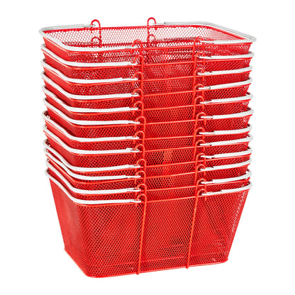 Shopping Baskets, 12 PCS, 22L Stackable Metal Grocery Baskets with Handles, Dense Mesh Structure, Holds up to 44 lbs, Portable for Grocery, Retail, Stores, Supermarket, Bookstore, Home Use, Red