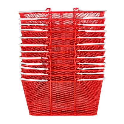 Shopping Baskets, 12 PCS, 22L Stackable Metal Grocery Baskets with Handles, Dense Mesh Structure, Holds up to 44 lbs, Portable for Grocery, Retail, Stores, Supermarket, Bookstore, Home Use, Red