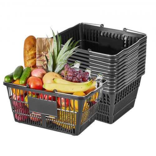 Shopping Baskets, 12 PCS, 21L Stackable PE Plastic Grocery Baskets with Handles, Dense Mesh Structure, Holds up to 20 lbs, Portable for Grocery, Retail, Stores, Supermarket, Home Use, Black
