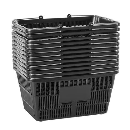 Shopping Baskets, 12 PCS, 21L Stackable PE Plastic Grocery Baskets with Handles, Dense Mesh Structure, Holds up to 20 lbs, Portable for Grocery, Retail, Stores, Supermarket, Home Use, Black