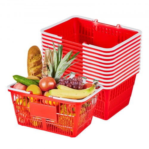 Shopping Baskets, 12 PCS, 21L Stackable PE Plastic Grocery Baskets with Handles, Dense Mesh Structure, Holds up to 20 lbs, Portable for Grocery, Retail, Stores, Supermarket, Home Use, Red