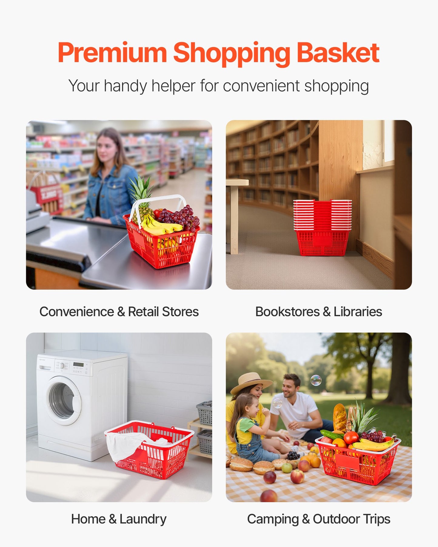 Shopping Baskets, 12 PCS, 21L Stackable PE Plastic Grocery Baskets with Handles, Dense Mesh Structure, Holds up to 20 lbs, Portable for Grocery, Retail, Stores, Supermarket, Home Use, Red