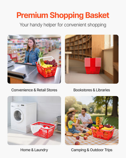 Shopping Baskets, 12 PCS, 21L Stackable PE Plastic Grocery Baskets with Handles, Dense Mesh Structure, Holds up to 20 lbs, Portable for Grocery, Retail, Stores, Supermarket, Home Use, Red