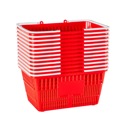 Shopping Baskets, 12 PCS, 21L Stackable PE Plastic Grocery Baskets with Handles, Dense Mesh Structure, Holds up to 20 lbs, Portable for Grocery, Retail, Stores, Supermarket, Home Use, Red