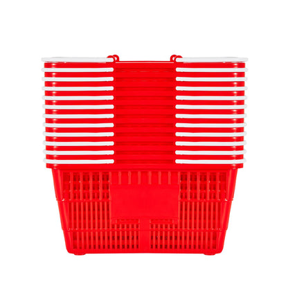 Shopping Baskets, 12 PCS, 21L Stackable PE Plastic Grocery Baskets with Handles, Dense Mesh Structure, Holds up to 20 lbs, Portable for Grocery, Retail, Stores, Supermarket, Home Use, Red