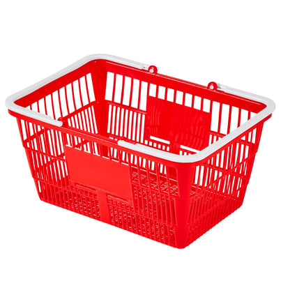 Shopping Baskets, 12 PCS, 21L Stackable PE Plastic Grocery Baskets with Handles, Dense Mesh Structure, Holds up to 20 lbs, Portable for Grocery, Retail, Stores, Supermarket, Home Use, Red