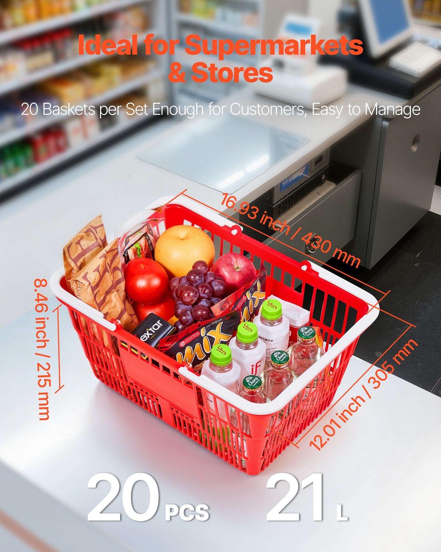 Shopping Baskets, 20 PCS, 21L Stackable PE Plastic Grocery Baskets with Handles, Dense Mesh Structure, Holds up to 20 lbs, Portable for Grocery, Retail, Stores, Supermarket, Home Use, Red