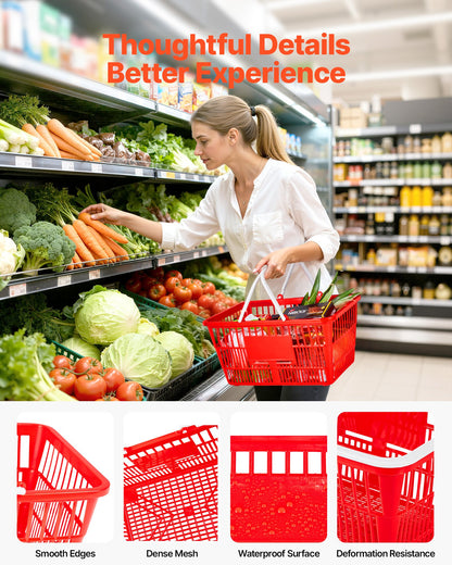 Shopping Baskets, 20 PCS, 21L Stackable PE Plastic Grocery Baskets with Handles, Dense Mesh Structure, Holds up to 20 lbs, Portable for Grocery, Retail, Stores, Supermarket, Home Use, Red
