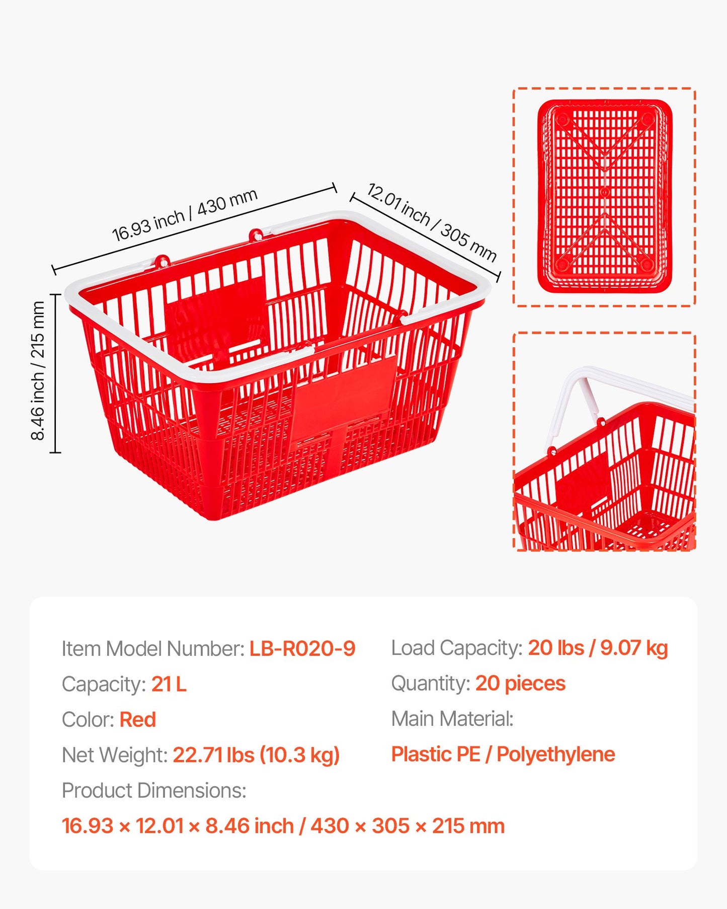 Shopping Baskets, 20 PCS, 21L Stackable PE Plastic Grocery Baskets with Handles, Dense Mesh Structure, Holds up to 20 lbs, Portable for Grocery, Retail, Stores, Supermarket, Home Use, Red