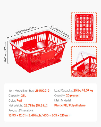Shopping Baskets, 20 PCS, 21L Stackable PE Plastic Grocery Baskets with Handles, Dense Mesh Structure, Holds up to 20 lbs, Portable for Grocery, Retail, Stores, Supermarket, Home Use, Red