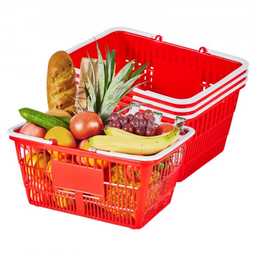 Shopping Baskets, 4 PCS, 21L Stackable PE Plastic Grocery Baskets with Handles, Dense Mesh Structure, Holds up to 20 lbs, Portable for Grocery, Retail, Stores, Supermarket, Home Use, Red