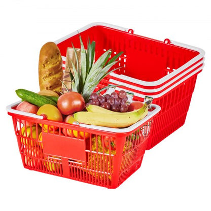Shopping Baskets, 4 PCS, 21L Stackable PE Plastic Grocery Baskets with Handles, Dense Mesh Structure, Holds up to 20 lbs, Portable for Grocery, Retail, Stores, Supermarket, Home Use, Red