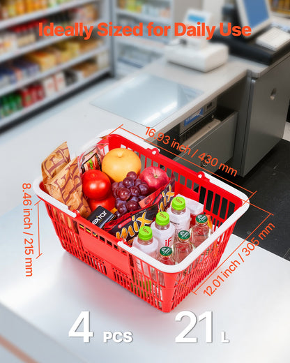 Shopping Baskets, 4 PCS, 21L Stackable PE Plastic Grocery Baskets with Handles, Dense Mesh Structure, Holds up to 20 lbs, Portable for Grocery, Retail, Stores, Supermarket, Home Use, Red