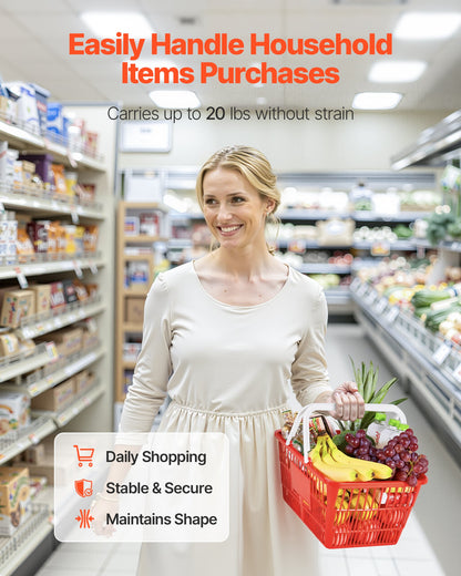 Shopping Baskets, 4 PCS, 21L Stackable PE Plastic Grocery Baskets with Handles, Dense Mesh Structure, Holds up to 20 lbs, Portable for Grocery, Retail, Stores, Supermarket, Home Use, Red