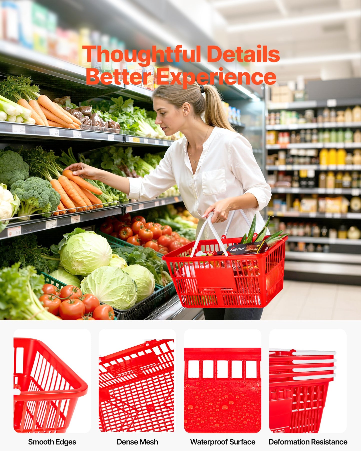 Shopping Baskets, 4 PCS, 21L Stackable PE Plastic Grocery Baskets with Handles, Dense Mesh Structure, Holds up to 20 lbs, Portable for Grocery, Retail, Stores, Supermarket, Home Use, Red